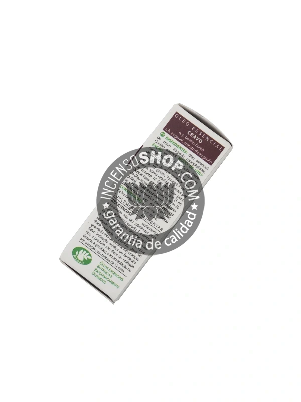 Aceite esencial de Clavo Esential Aroms caja vista por detrás mostrando el reverso del empaque con la descripción e información del producto aroma cálido especiado intenso y dulce ideal para la protección la estimulación la concentración la energía y el ambiente purificación.