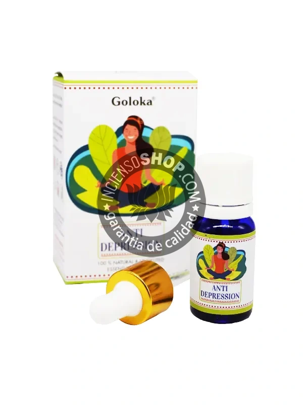 Esencia Ayurvédica Depresión de Goloka con cuenta gotas aroma herbal y cítrico formulado para mejorar el estado de ánimo combatir la melancolía y restaurar la alegría y la energía vital ideal para equilibrar el chakra del plexo solar