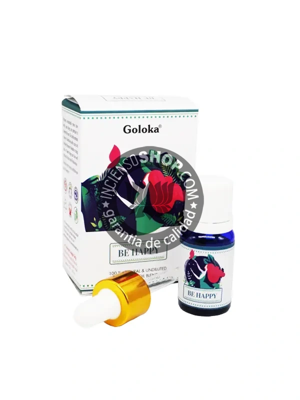 Esencia ayurvédica ser feliz de Goloka cuenta gotas aroma floral dulce y cítrico que eleva el ánimo armoniza las emociones y fomenta la alegría interior en prácticas de bienestar emocional