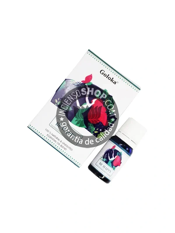 Esencia ayurvédica ser feliz de Goloka botella aroma floral dulce y cítrico que eleva el ánimo armoniza las emociones y fomenta la alegría interior en prácticas de bienestar emocional