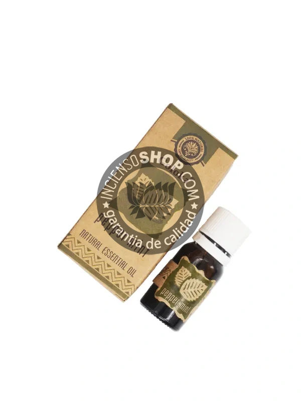 Esencia pura y natural de menta piperita abierta portada aroma fresco mentolado y revitalizante ideal para claridad mental alivio del estrés y purificación energética en prácticas de enfoque y sanación