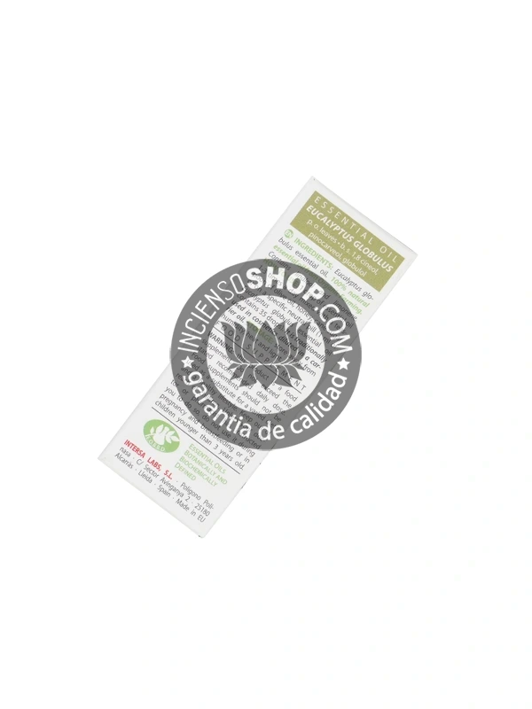 Aceite esencial de Eucalipto Esential Aroms caja vista por detrás mostrando el reverso del empaque con la descripción e información del producto aroma fresco limpio balsámico y penetrante ideal para la respiración la descongestión el ambiente purificación y la claridad mental.