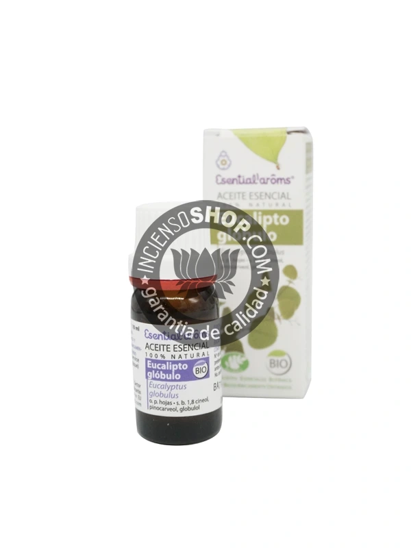 Aceite esencial de Eucalipto Esential Aroms caja y botella del producto vistas de frente en posición vertical aroma fresco limpio balsámico y penetrante ideal para la respiración la descongestión el ambiente purificación y la claridad mental.