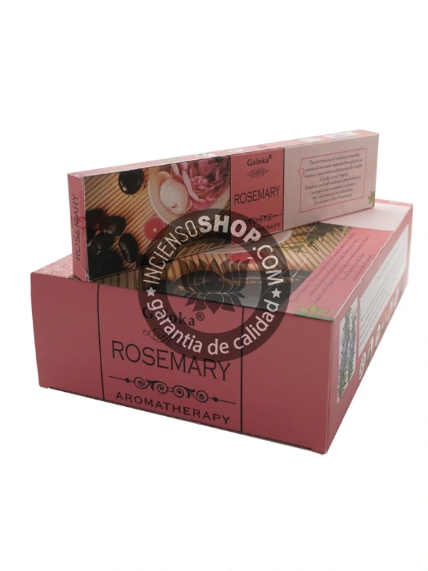 Incienso Goloka Aromaterapia Romero caja con producto copia aroma fresco herbal estimulante y revitalizante ideal para promover la claridad mental mejorar la concentración protección energética y limpieza de ambientes y espacios de trabajo