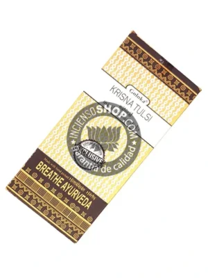 Caja portada de incienso ayurvédico orgánico Goloka Krisna Tulsi aroma herbal sagrado y ligeramente picante utilizado en rituales védicos para purificación espiritual fortalecimiento del aura y conexión devocional