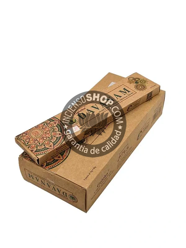 Caja de incienso Goloka Davanam aroma floral dulce y ligeramente especiado tradicional en rituales hindúes para atraer prosperidad armonizar el entorno y elevar la energía espiritual