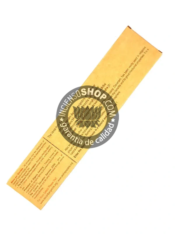 Incienso orgánico Goloka Davanam vista trasera diseño tantra press fragancia floral exótica y dulce ideal para equilibrio emocional rituales de sanación y conexión espiritual