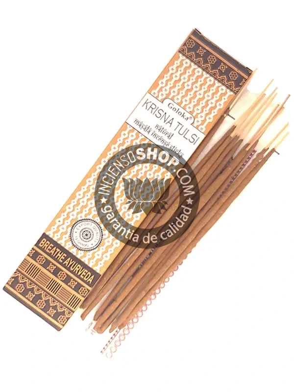 Incienso ayurvédico orgánico Goloka Krisna Tulsi aroma herbal sagrado y ligeramente picante utilizado en rituales védicos para purificación espiritual fortalecimiento del aura y conexión con la devoción