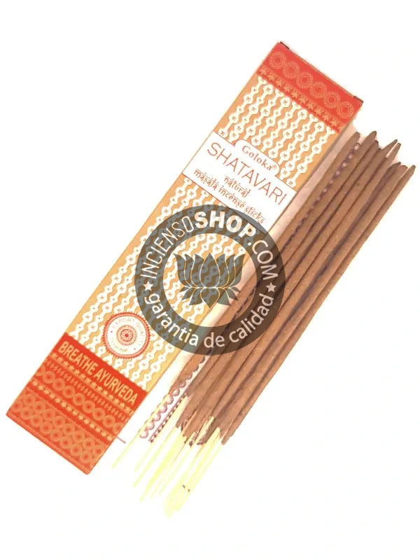 Incienso ayurvédico orgánico Goloka Shatavari portada aroma suave terroso y ligeramente dulce tradicional en prácticas tántricas y ayurvédicas para equilibrio hormonal armonía femenina y sanación energética