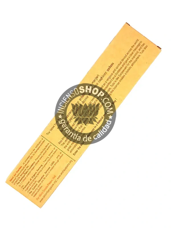 Incienso orgánico Goloka Sri Tulsi vista trasera aroma herbal fresco y sagrado tradicional en rituales hindúes para purificación espiritual protección energética y elevación de la conciencia