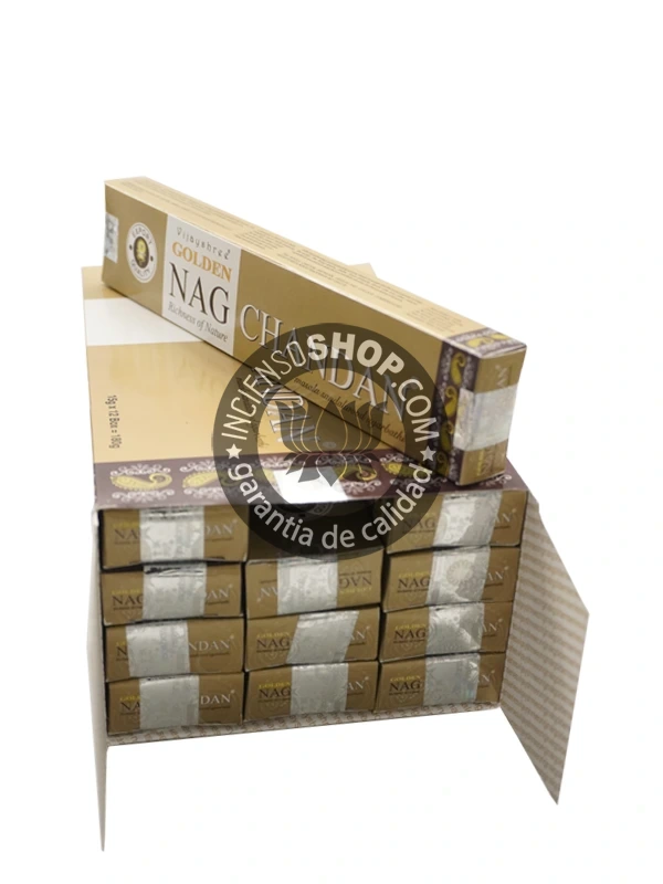 Caja de incienso Golden Nag Chandan Vijayshree vista por detrás aroma cremoso de sándalo puro ideal para meditación profunda equilibrio emocional y rituales de paz