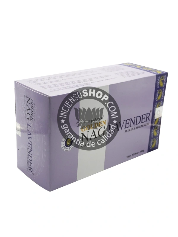 Incienso Golden Nag Lavanda Vijayshree caja vista de frente aroma floral herbal y suave ideal para la relajación profunda calmar la ansiedad reducir el estrés promover el descanso la meditación y crear un ambiente de paz y tranquilidad.