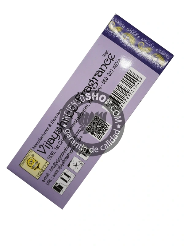 Incienso Golden Nag Lavanda Vijayshree caja vista de lado aroma floral herbal y suave ideal para la relajación profunda calmar la ansiedad reducir el estrés promover el descanso la meditación y crear un ambiente de paz y tranquilidad.