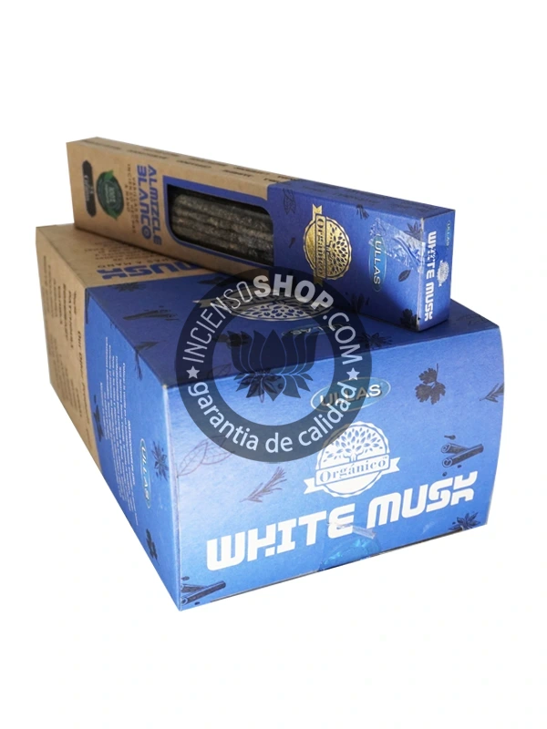 Incienso Orgánico Ullas Almizcle Blanco caja mostrando los palitos de incienso aroma de almizcle blanco limpio dulce y persistente que genera una atmósfera de paz tranquilidad y sensualidad ideal para la relajación la atracción y la armonización de energías personales