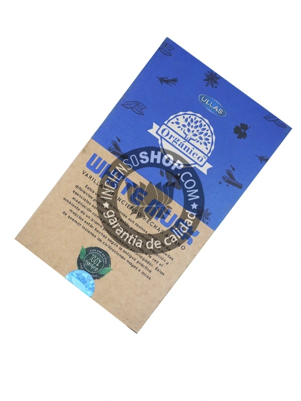 Incienso Orgánico Ullas Almizcle Blanco caja vista por detrás con información detallada aroma de almizcle blanco puro y delicado que equilibra las energías atrae la sensualidad mejora el estado de ánimo y fomenta la calma mental ideal para relajación y meditación