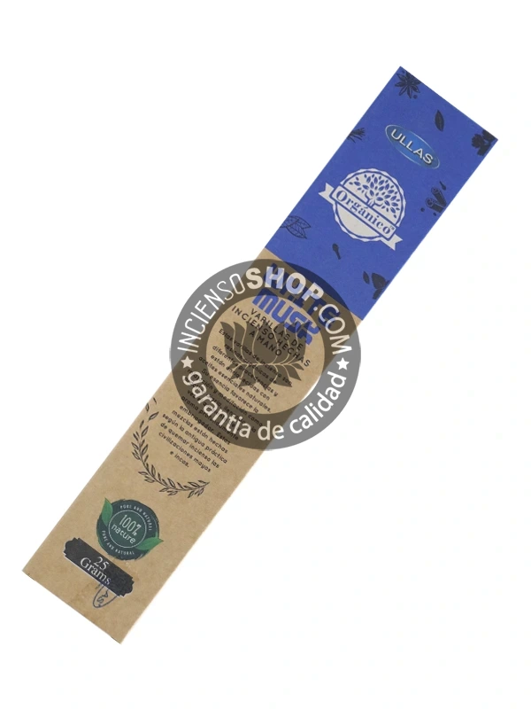 Incienso Orgánico Ullass Almizcle Blanco producto vista trasera descripción e ingredientes del incienso con aroma suave, dulce y sensual, utilizado para atraer el amor, la pureza y crear un ambiente relajante.