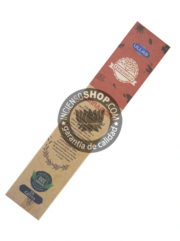 Incienso Orgánico Ullass Canela producto vista trasera descripción e información del incienso con aroma cálido, dulce y picante de canela, conocido por sus propiedades para atraer la prosperidad, el dinero y aumentar la energía vital.