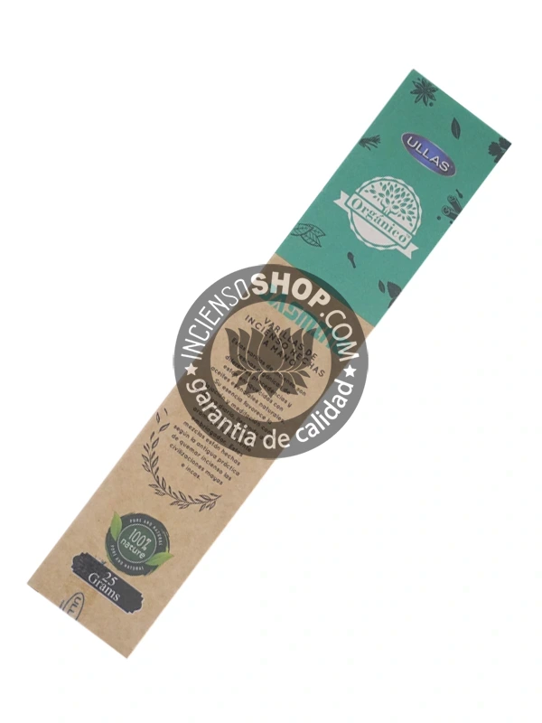 Incienso Orgánico Ullass Jazmín unidad vista trasera descripción e información del incienso con aroma floral, dulce e intenso de jazmín, que atrae el amor, la sensualidad, la paz interior y la prosperidad. Ideal para rituales nocturnos.
