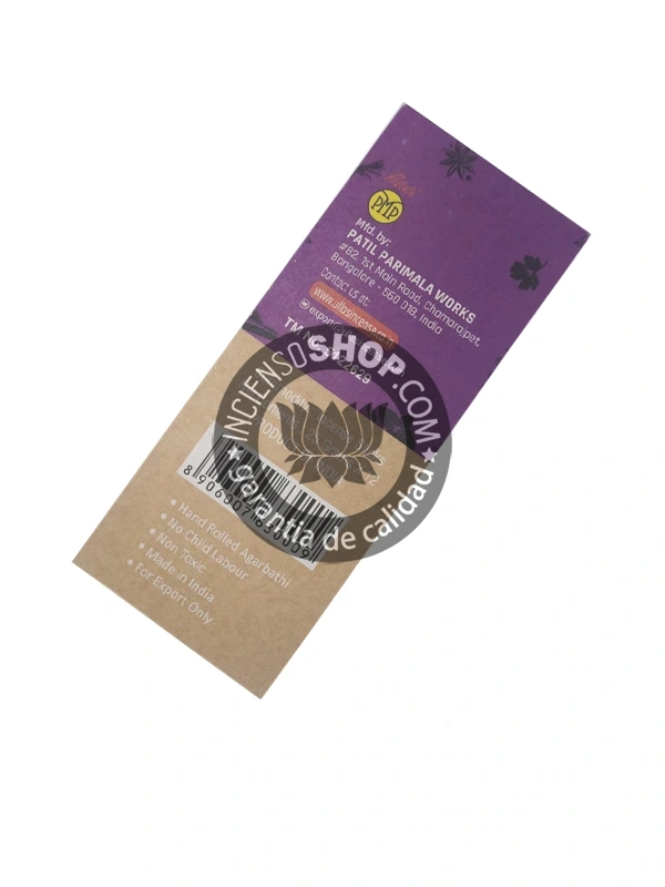 Incienso Orgánico Ullas Lavanda caja vista de lado aroma floral suave y fresco de lavanda ideal para la relajación profunda reducir el estrés la ansiedad el insomnio y para armonizar el ambiente promoviendo la paz y la calma.