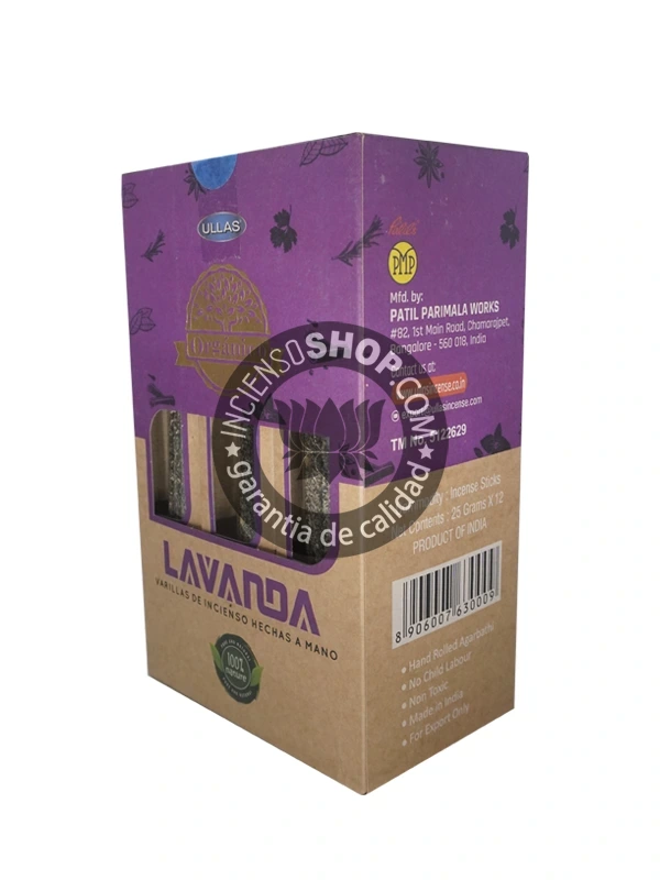 Incienso Orgánico Ullas Lavanda caja de pie vista frontal aroma de lavanda floral y calmante ideal para conciliar el sueño aliviar la tensión nerviosa limpiar el ambiente de energías sutiles y crear un espacio de serenidad en el hogar.