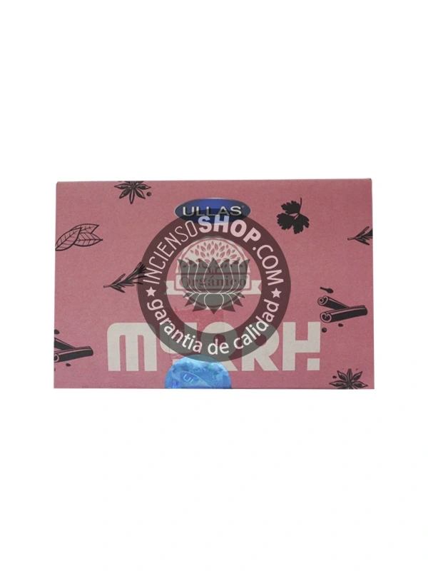 Incienso Orgánico Ullas Mirra caja vista desde arriba aroma de mirra balsámico y espiritual ideal para la purificación ambiental la meditación profunda y la creación de un ambiente de paz y sacralidad