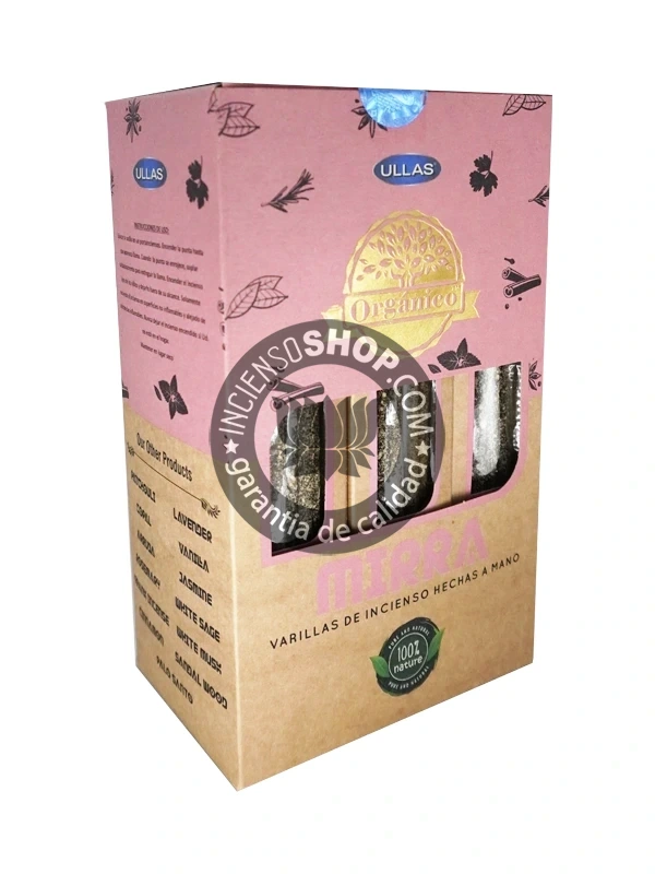 Incienso Orgánico Ullas Mirra caja de pie vista frontal aroma balsámico resinoso y cálido de mirra ideal para la purificación de altares la consagración la meditación profunda y para facilitar la conexión con lo divino y el crecimiento espiritual