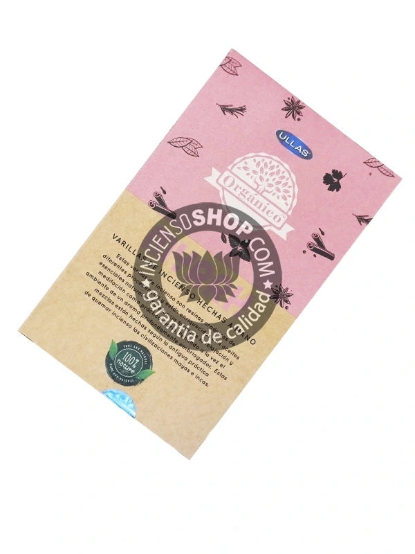 Incienso Orgánico Ullas Mirra caja vista por detrás con detalles sobre sus ingredientes aroma de mirra clásico y sagrado ideal para ceremonias espirituales purificación profunda protección contra influencias negativas y para inducir un estado de paz interior