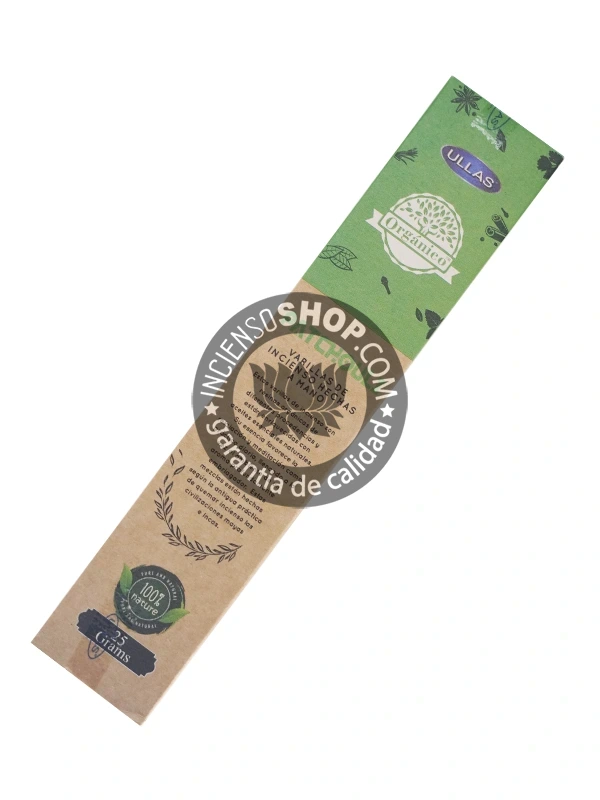 Incienso Orgánico Ullass Pachulí producto vista trasera descripción e información del incienso con aroma terroso, dulce y almizclado de pachulí, conocido por sus propiedades para atraer la prosperidad, la sensualidad y fomentar la estabilidad emocional.