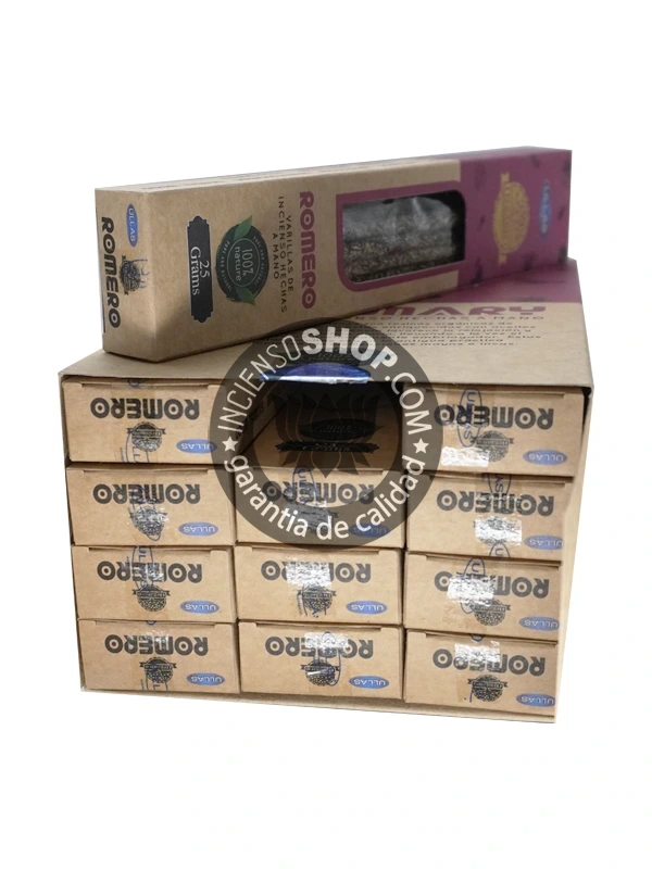 Incienso Orgánico Ullas Romero caja abierta mostrando el producto aroma fresco y estimulante de romero utilizado para desterrar la negatividad purificar el espacio antes de un ritual y para atraer la claridad y la buena fortuna