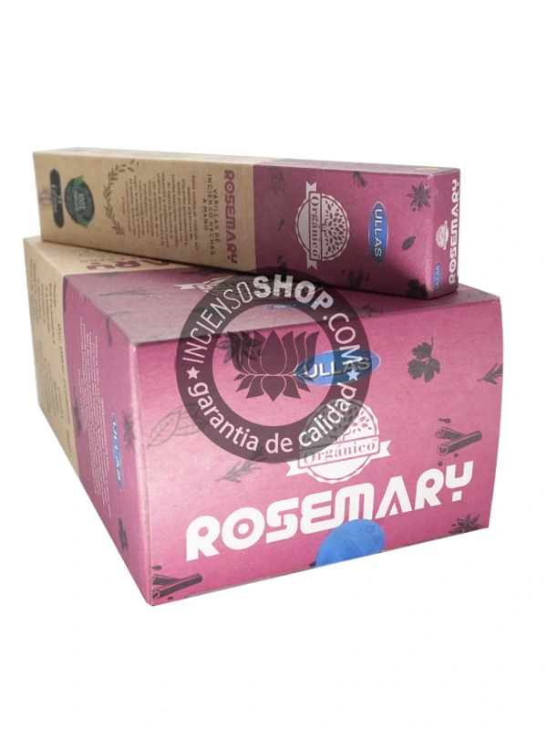 Incienso Orgánico Ullas Romero caja mostrando los palitos de incienso aroma herbal intenso y estimulante ideal para limpiar el aura disipar la confusión mental atraer la buena suerte y fomentar la energía positiva en cualquier habitación