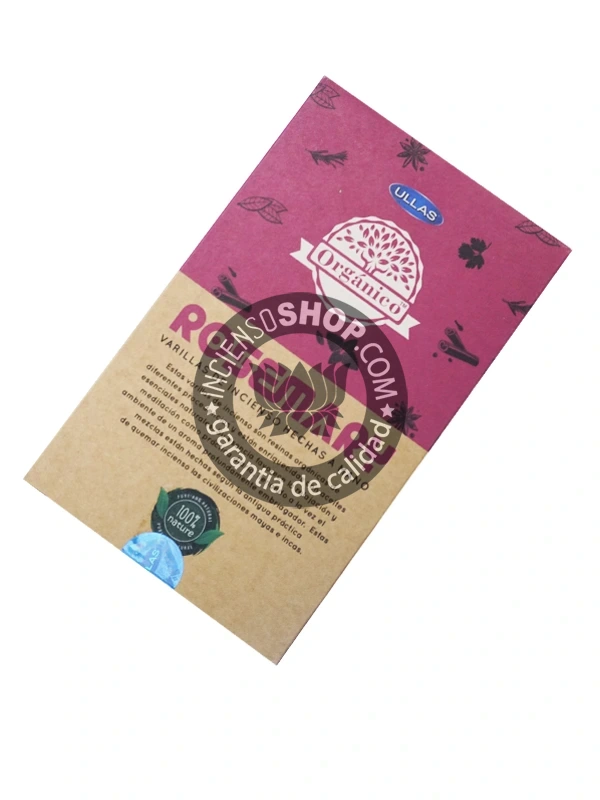 Incienso Orgánico Ullas Romero caja vista por detrás con detalles sobre sus propiedades aroma fresco herbal y alcanforado de romero utilizado para la protección limpieza mental estimulación de la memoria y la eliminación de energías pesadas en rituales de sanación