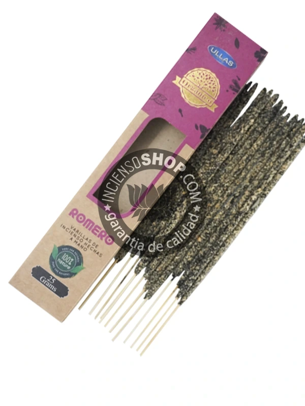 Incienso Orgánico Ullass Romero unidad con producto vista cenital aroma herbáceo, estimulante y purificador de romero, que aleja las malas vibraciones, atrae la suerte y es excelente para clarificar la mente. Se presenta con una varilla o el estuche abierto.