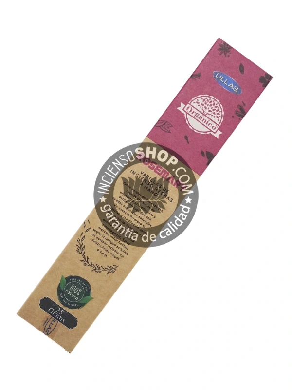 Incienso Orgánico Ullass Romero unidad vista trasera descripción e información del incienso con aroma herbáceo, fresco y alcanforado de romero, conocido por sus propiedades para limpiar energías negativas, atraer la buena suerte, estimular la memoria y proteger.
