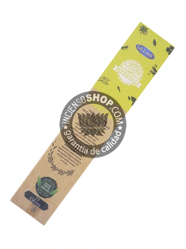 Incienso Orgánico Ullass Ruda producto vista trasera descripción e información del incienso con aroma fuerte, herbal y ligeramente amargo de ruda, conocido por ser un poderoso protector contra la envidia, el mal de ojo y las energías negativas.