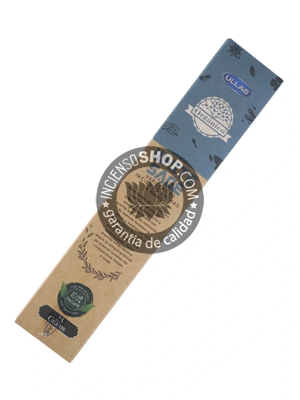 Incienso Orgánico Ullass Salvia Blanca unidad vista trasera descripción e información del incienso con aroma herbáceo, fresco y ligeramente picante de salvia blanca, la planta de limpieza y purificación más poderosa para eliminar energías estancadas y bendecir espacios.