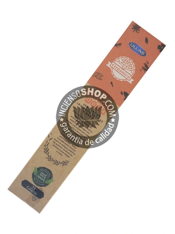 Incienso Orgánico Ullass Sándalo unidad vista trasera descripción e información del incienso con aroma dulce, amaderado y exótico de sándalo, conocido por sus propiedades para la meditación, atraer la paz, la buena suerte y la sanación.
