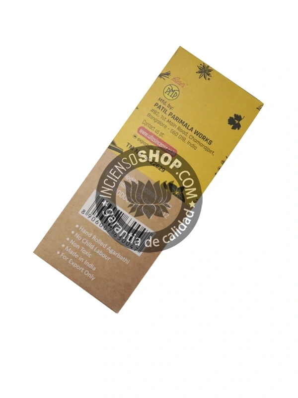 Incienso Orgánico Ullas Vainilla caja vista de lado aroma dulce cremoso y exótico de vainilla ideal para rituales de amor propio atraer la calma reducir la ira y estimular la sensualidad y el bienestar emocional