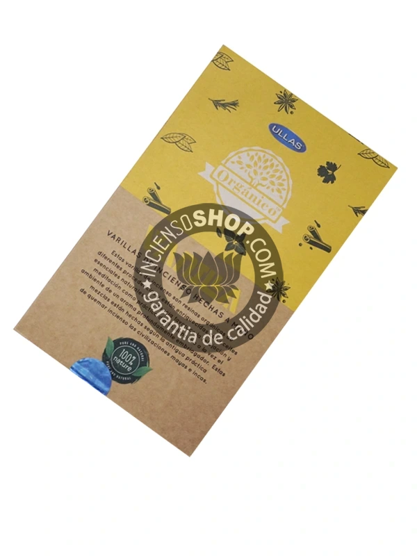 Incienso Orgánico Ullas Vainilla caja vista por detrás con información sobre sus ingredientes naturales y modo de uso aroma envolvente dulce y suave que ayuda a calmar la mente disminuir la frustración y atraer energías de paz