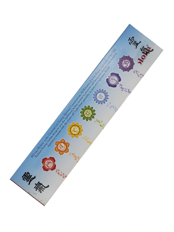 Paquete de incienso Goloka Reiki Dai Ko Myo visto por detrás. Muestra el reverso de la caja, de color amarillo y blanco, con información del producto, la marca Goloka y el símbolo Dai Ko Myo, indicando que es ideal para la Iluminación, la conexión con el Yo Divino y el equilibrio energético.