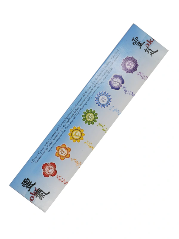 Paquete de incienso Goloka Reiki Hon Sha Ze Sho Nen visto por detrás. Muestra el reverso de la caja marrón y blanca con información del producto, la marca Goloka y el símbolo Hon Sha Ze Sho Nen.