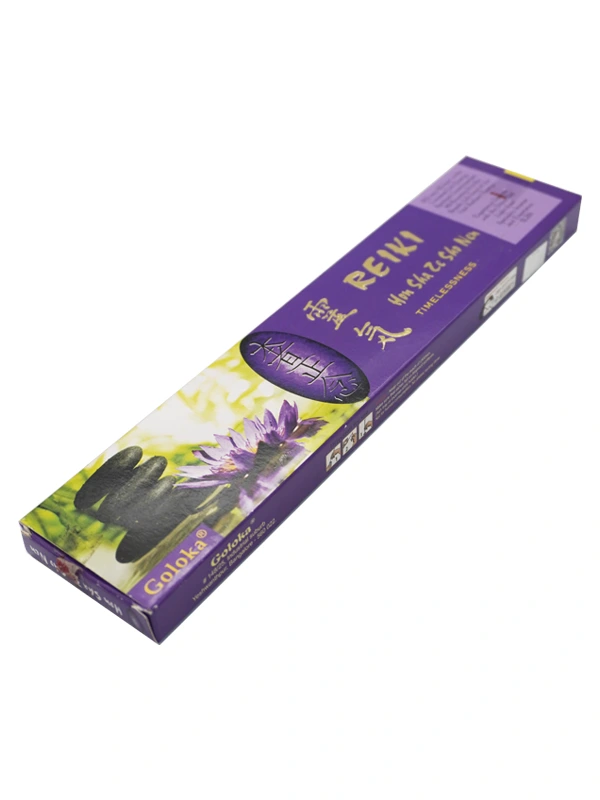 Paquete de incienso Goloka Reiki Hon Sha Ze Sho Nen visto de frente, colocado en posición horizontal (tumbado). Muestra la caja marrón y blanca con el nombre del producto y el símbolo Hon Sha Ze Sho Nen.
