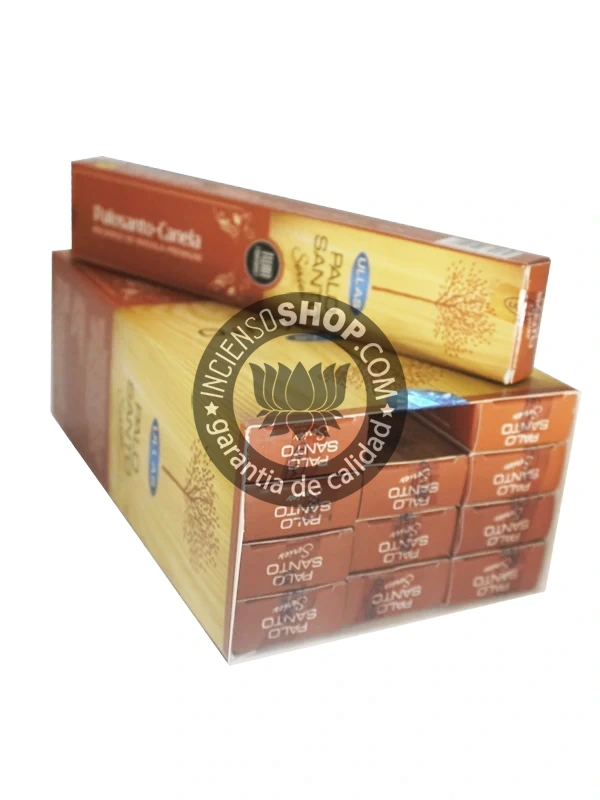 Incienso Ullas Palosanto con Canela caja abierta mostrando los palitos de incienso aroma dulce especiado y amaderado ideal para rituales de limpieza purificación y atracción de la prosperidad el éxito el dinero y el amor al mismo tiempo que se limpia el ambiente.