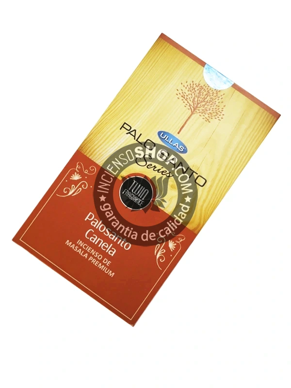 Incienso Ullas Palosanto con Canela caja vista desde arriba aroma dulce especiado y amaderado que combina la purificación del palosanto con la atracción de la canela ideal para rituales de prosperidad dinero éxito y suerte en los negocios.