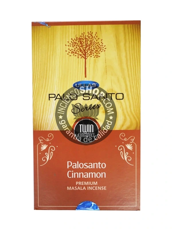 Incienso Ullas Palosanto con Canela caja de frente vista principal aroma amaderado especiado y dulce ideal para la limpieza energética la atracción de la buena suerte el dinero la prosperidad económica y para fomentar un ambiente de calidez y éxito.
