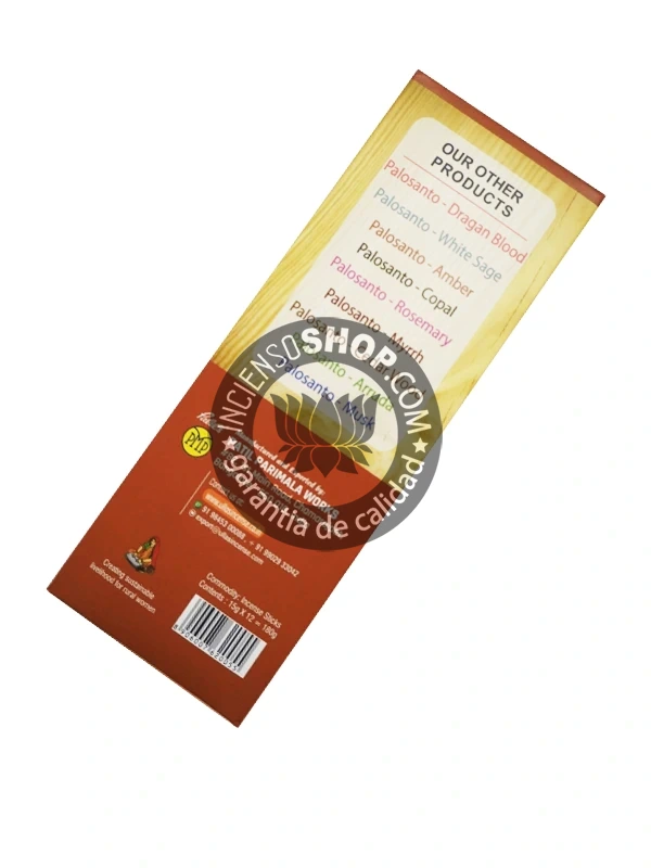 Incienso Ullas Palosanto con Canela caja vista de lado aroma dulce especiado y amaderado que combina la limpieza energética del palosanto con el poder de la canela para atraer el dinero la prosperidad y el éxito en los negocios.