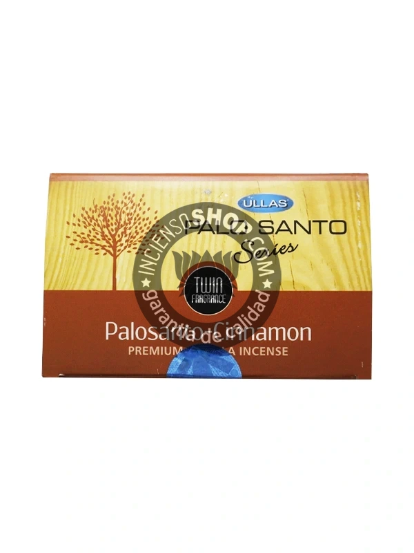 Incienso Ullas Palosanto con Canela caja vista desde arriba aroma dulce especiado y amaderado que combina la purificación del palosanto con la atracción de la canela ideal para rituales de prosperidad dinero éxito y suerte en los negocios.