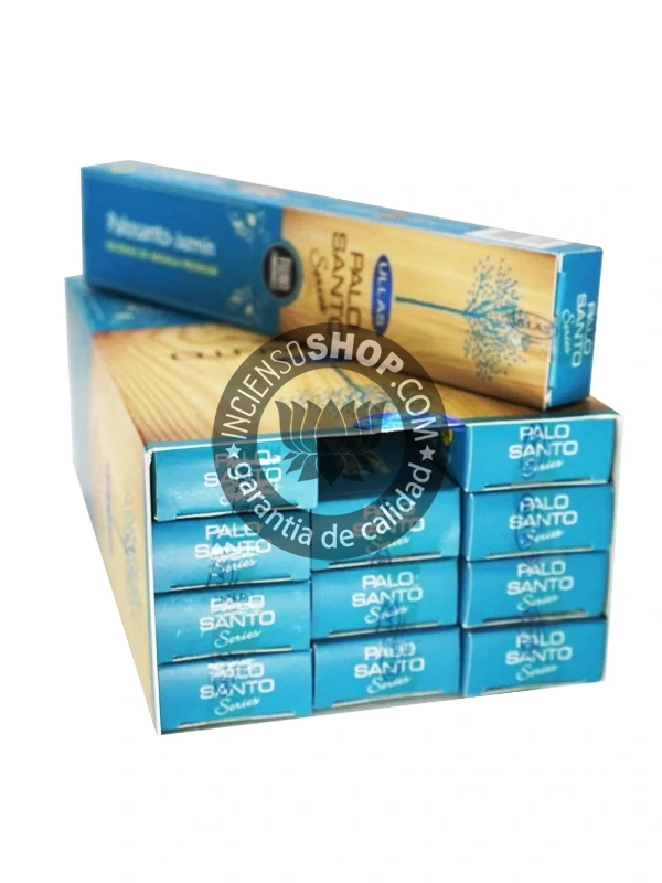Incienso Ullas Palosanto con Jazmín caja abierta mostrando los palitos de incienso aroma floral intenso dulce y amaderado ideal para rituales de limpieza purificación y para atraer el amor la sensualidad la paz interior y despertar la creatividad.