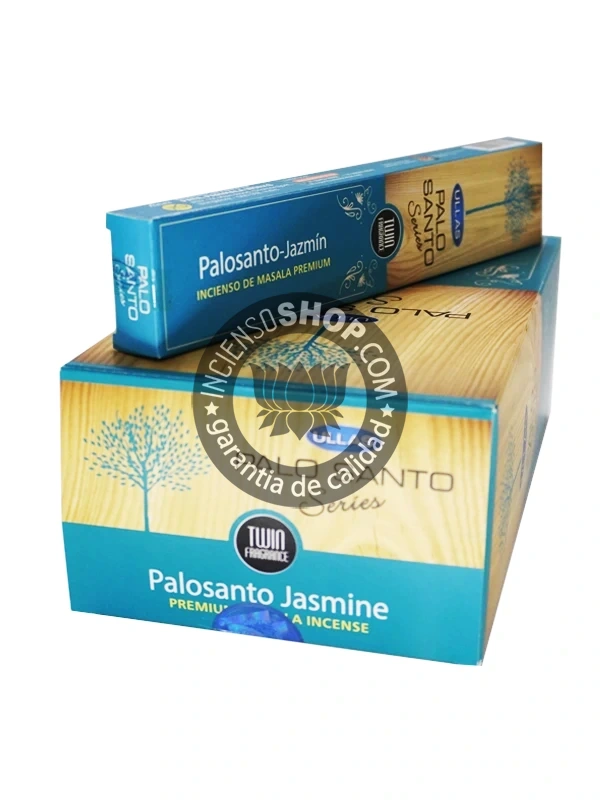 Incienso Ullas Palosanto con Jazmín caja mostrando los palitos de incienso aroma floral dulce y amaderado ideal para limpiar y purificar el ambiente mientras se atraen energías de amor suerte paz interior y se fomenta la calma mental.