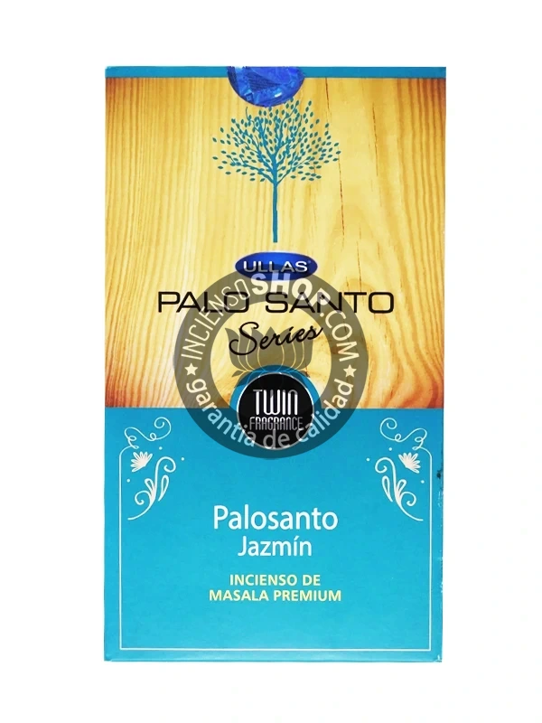 Incienso Ullas Palosanto con Jazmín caja de frente vista principal aroma floral dulce y amaderado ideal para combinar la limpieza y purificación del palosanto con la atracción del amor la calma la paz interior y el despertar de la creatividad y la sensualidad.