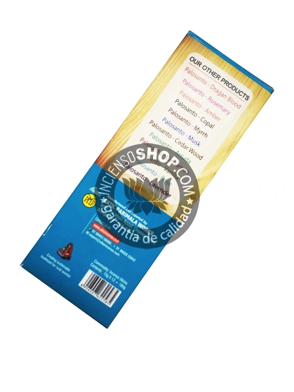 Incienso Ullas Palosanto con Jazmín caja vista de lado aroma floral amaderado y dulce que combina la limpieza energética del palosanto con la dulzura y la atracción del jazmín ideal para la meditación la calma y la suerte en el amor.